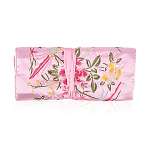Livmore Pink Floral Embroidery Pattern Satin Travel Jewelry Roll Organizer