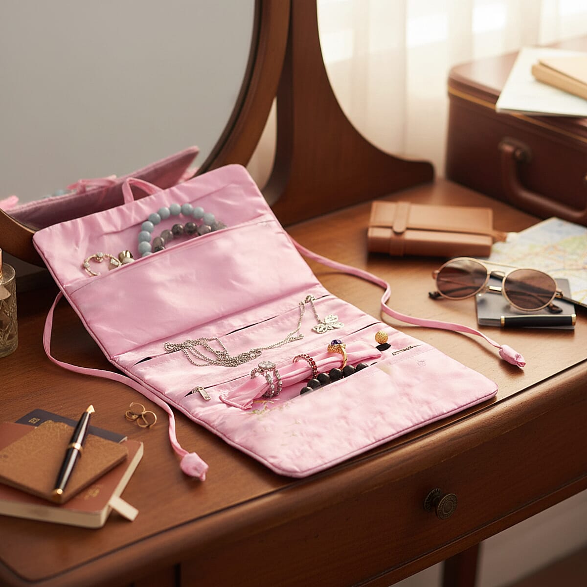 Livmore Pink Floral Embroidery Pattern Satin Travel Jewelry Roll Organizer image number 1