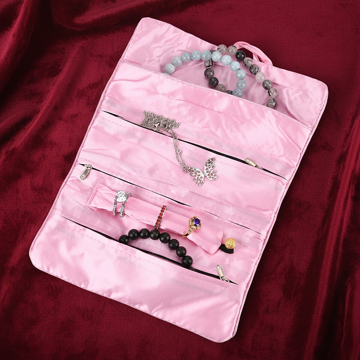 Livmore Pink Floral Embroidery Pattern Satin Travel Jewelry Roll Organizer image number 2