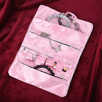 Livmore Pink Floral Embroidery Pattern Satin Travel Jewelry Roll Organizer