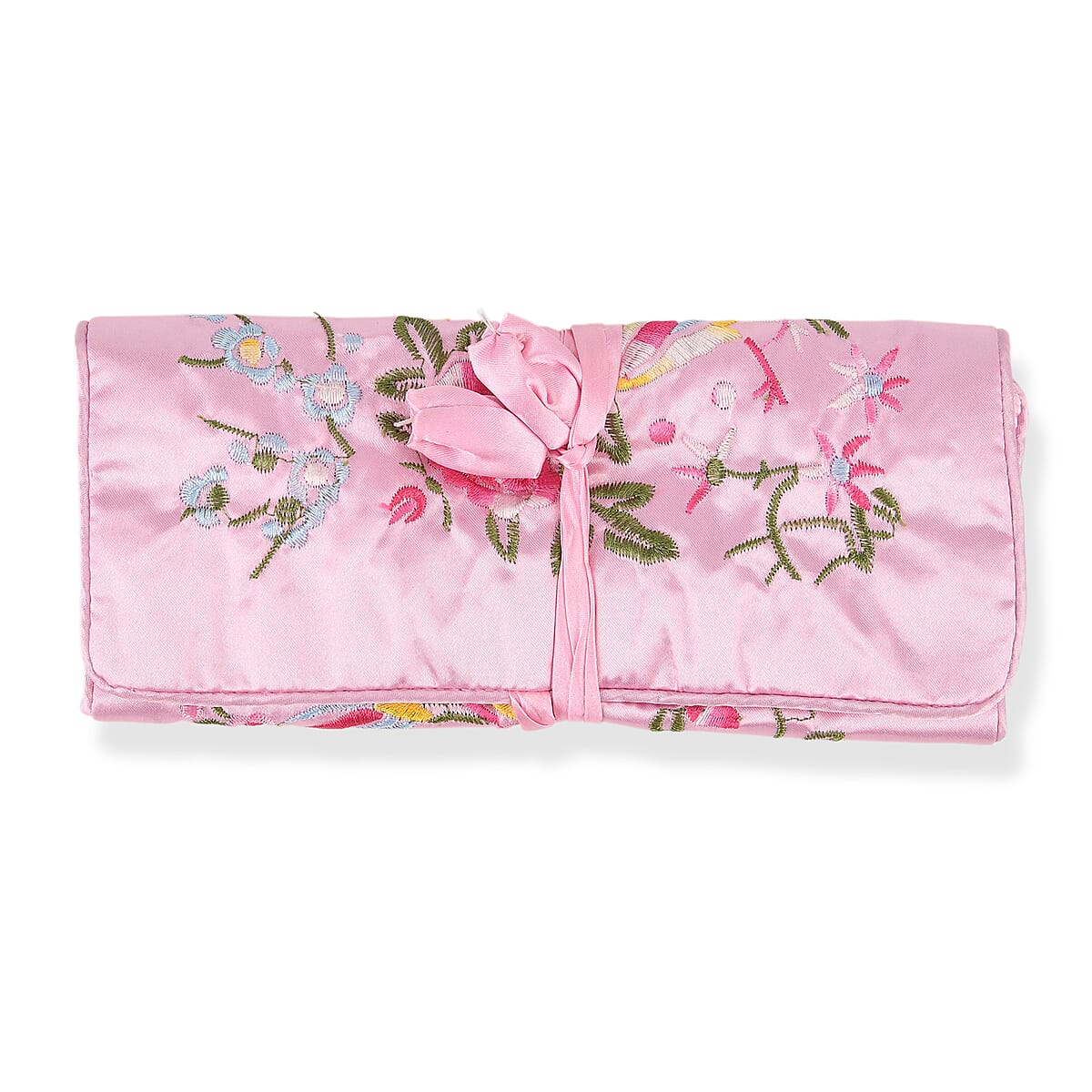 Livmore Pink Floral Embroidery Pattern Satin Travel Jewelry Roll Organizer image number 3