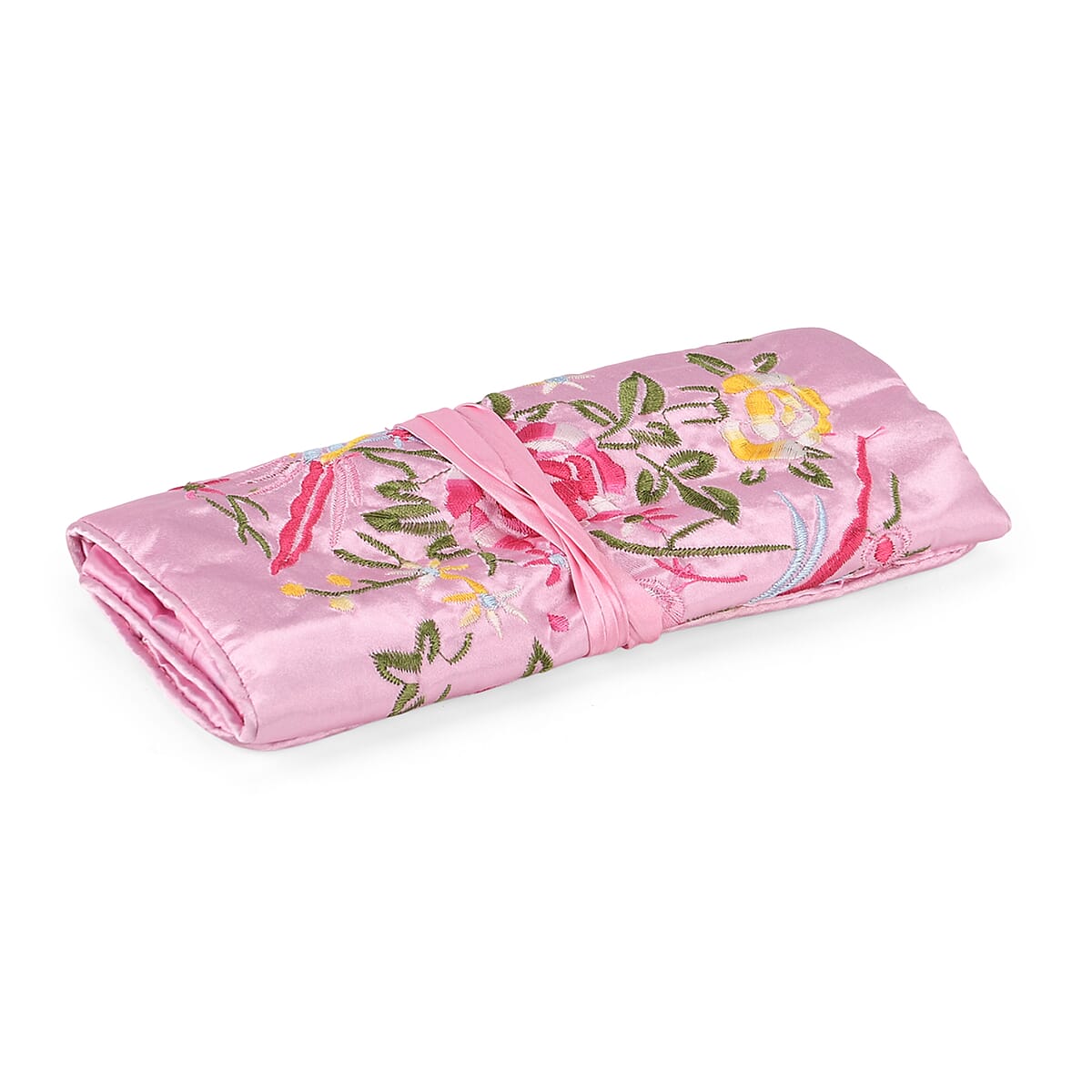 Livmore Pink Floral Embroidery Pattern Satin Travel Jewelry Roll Organizer image number 4
