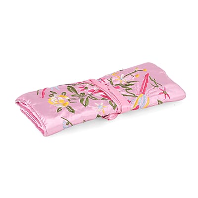 Livmore Pink Floral Embroidery Pattern Satin Travel Jewelry Roll Organizer