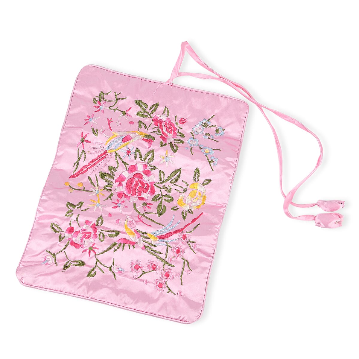 Livmore Pink Floral Embroidery Pattern Satin Travel Jewelry Roll Organizer image number 6