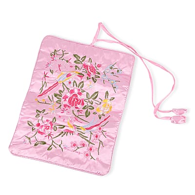 Livmore Pink Floral Embroidery Pattern Satin Travel Jewelry Roll Organizer