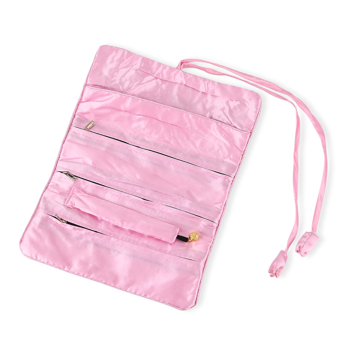 Livmore Pink Floral Embroidery Pattern Satin Travel Jewelry Roll Organizer image number 7