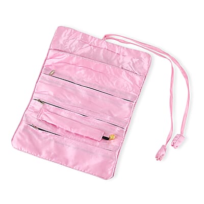 Livmore Pink Floral Embroidery Pattern Satin Travel Jewelry Roll Organizer