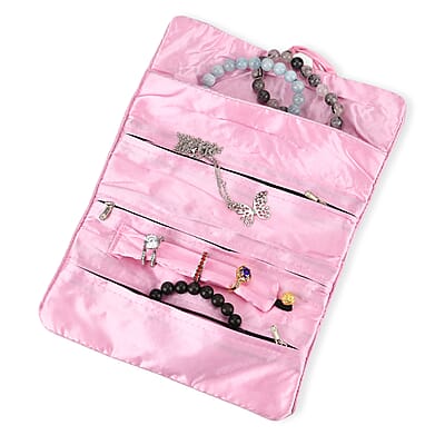 Livmore Pink Floral Embroidery Pattern Satin Travel Jewelry Roll Organizer