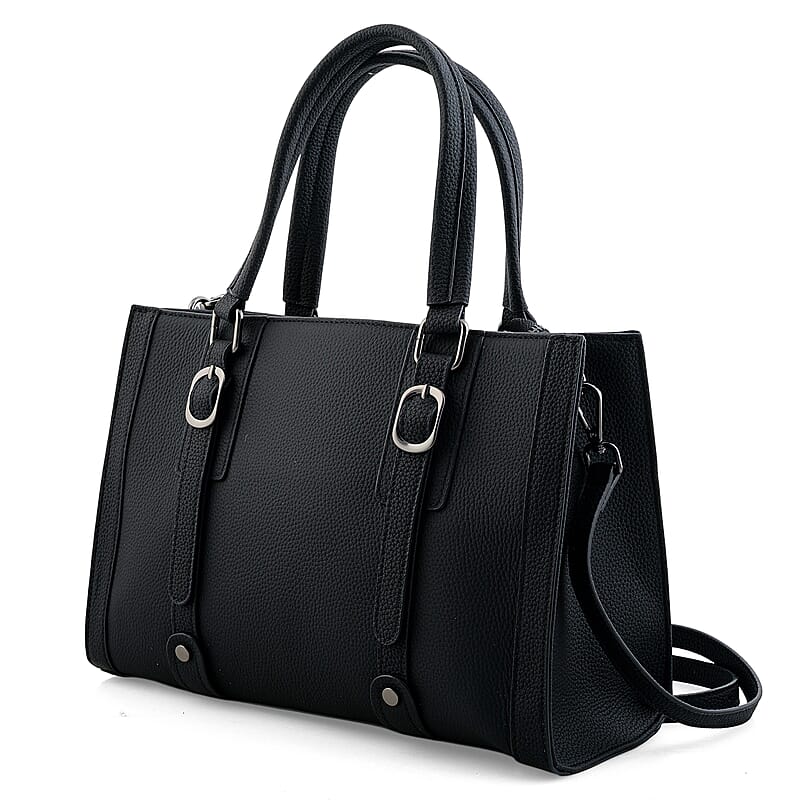 La Marey Black Herringbone Pattern Genuine Leather Crossbody Bag with Adjustable Shoulder Strap