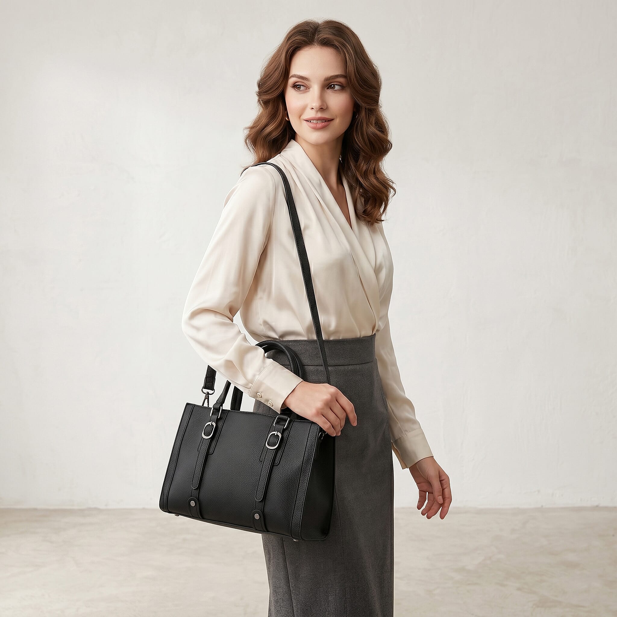 La Marey Black Herringbone Pattern Genuine Leather Crossbody Bag with Adjustable Shoulder Strap