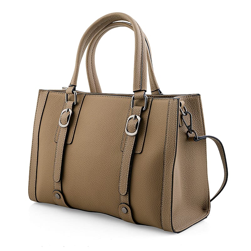 La Marey Beige Herringbone Pattern Genuine Leather Crossbody Bag with Adjustable Shoulder Strap