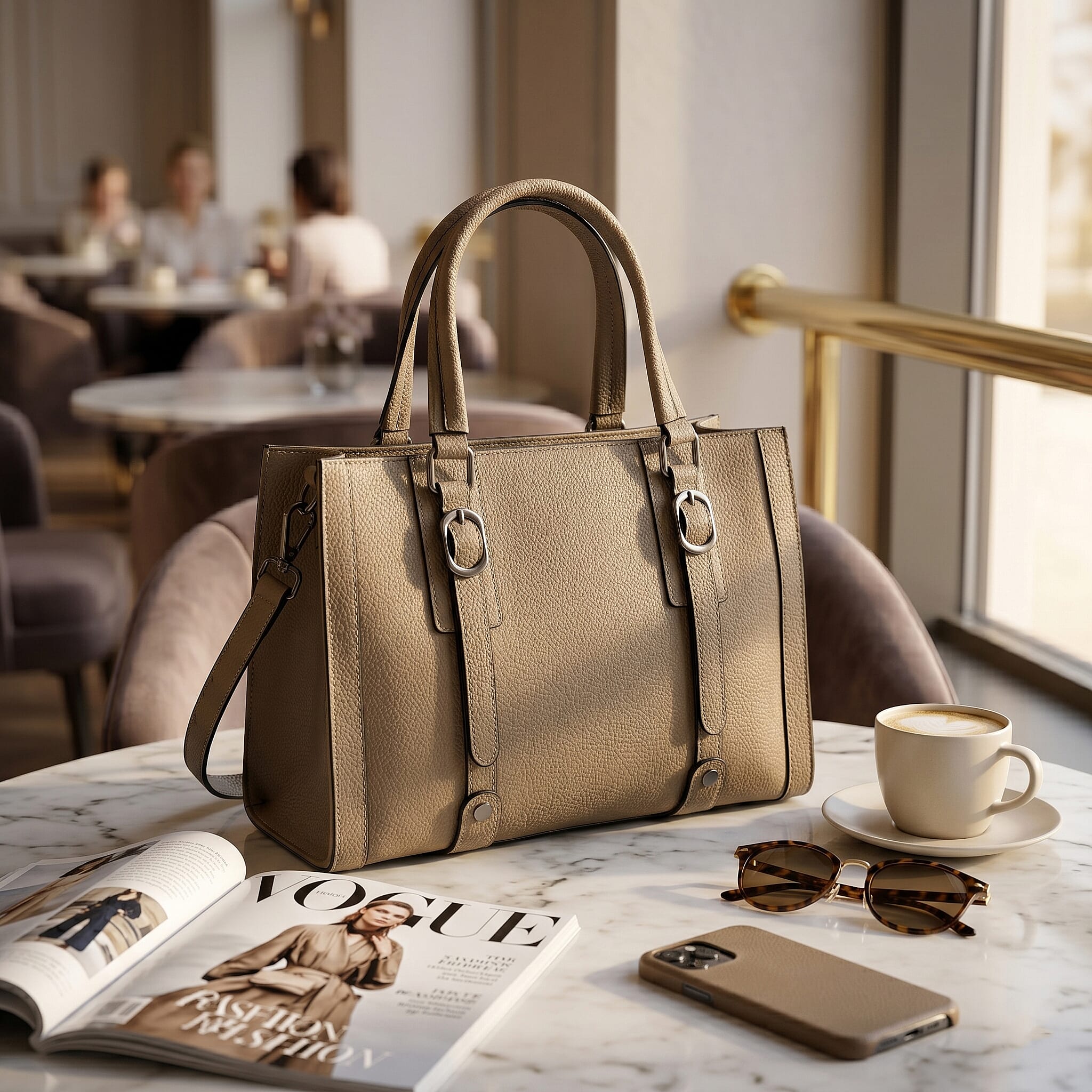 La Marey Beige Herringbone Pattern Genuine Leather Crossbody Bag with Adjustable Shoulder Strap