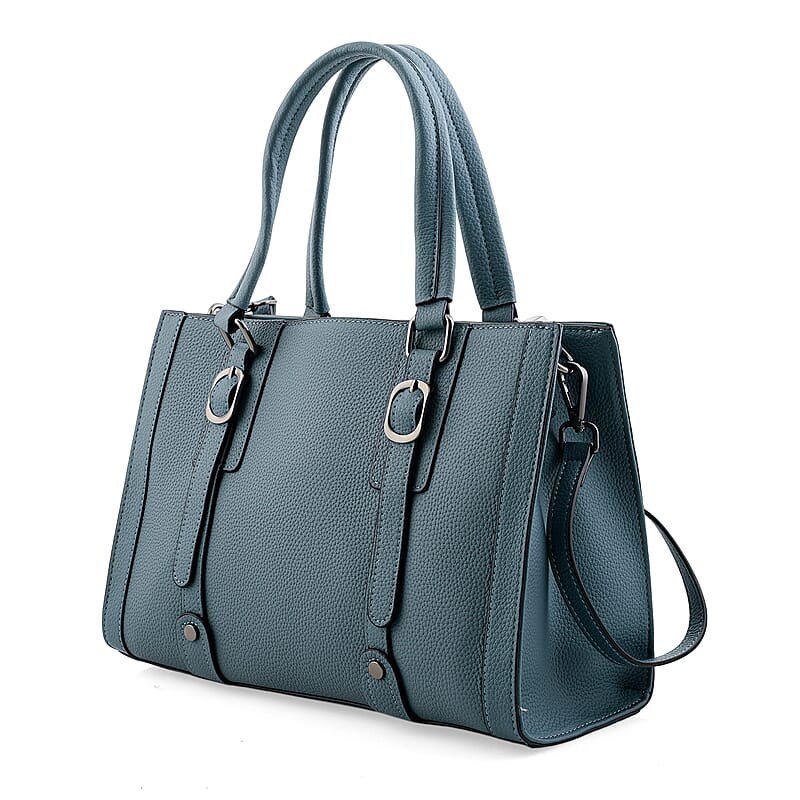La Marey Blue Herringbone Pattern Genuine Leather Crossbody Bag with Adjustable Shoulder Strap