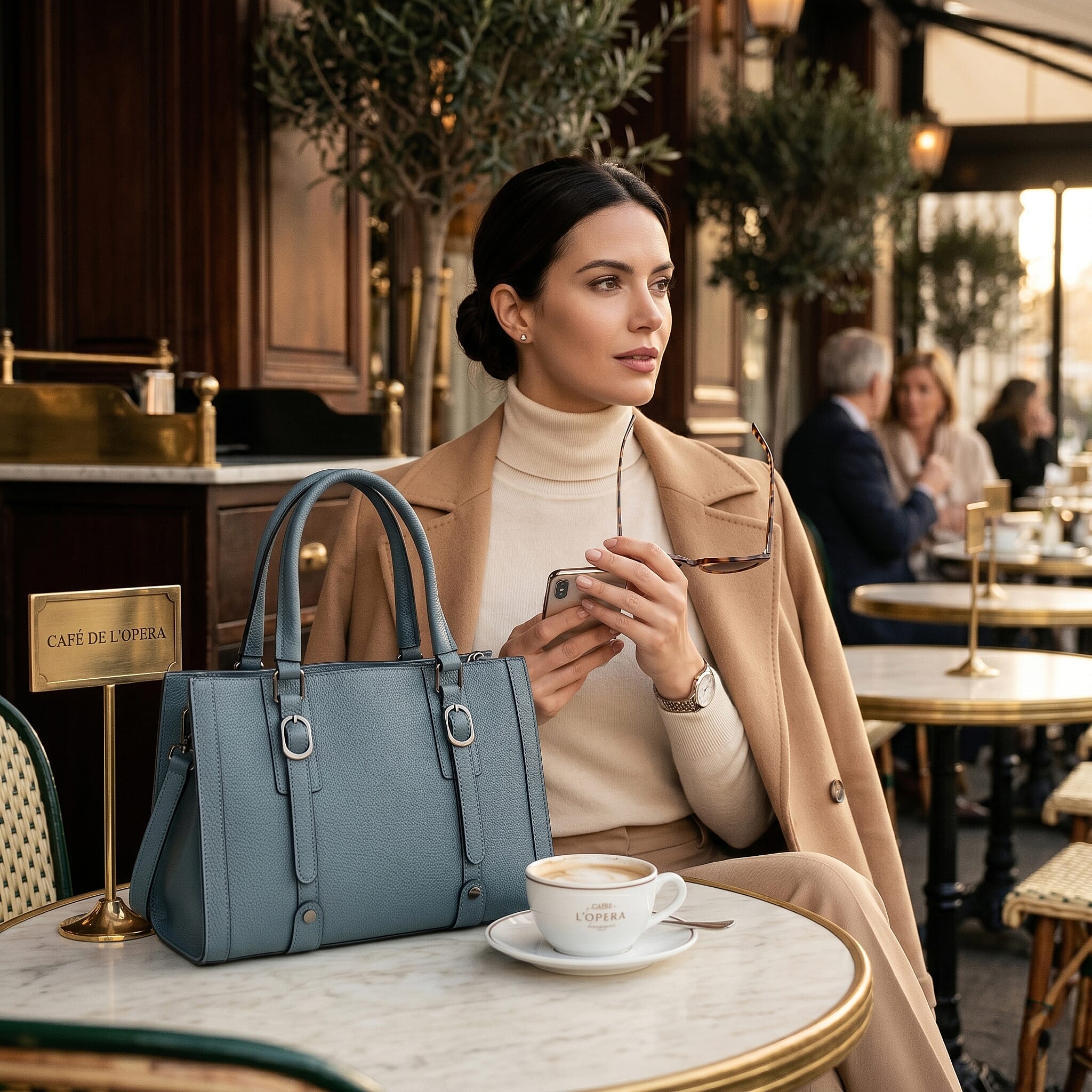 La Marey Blue Herringbone Pattern Genuine Leather Crossbody Bag with Adjustable Shoulder Strap
