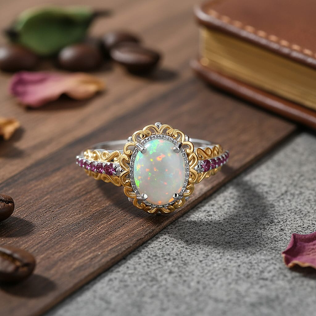 D'Joy Premium Ethiopian Welo Opal and Ouro Fino Rubellite 1.44 ctw Ring in 18K Vermeil YG and Rhodium Over Sterling Silver (Size 7.5)