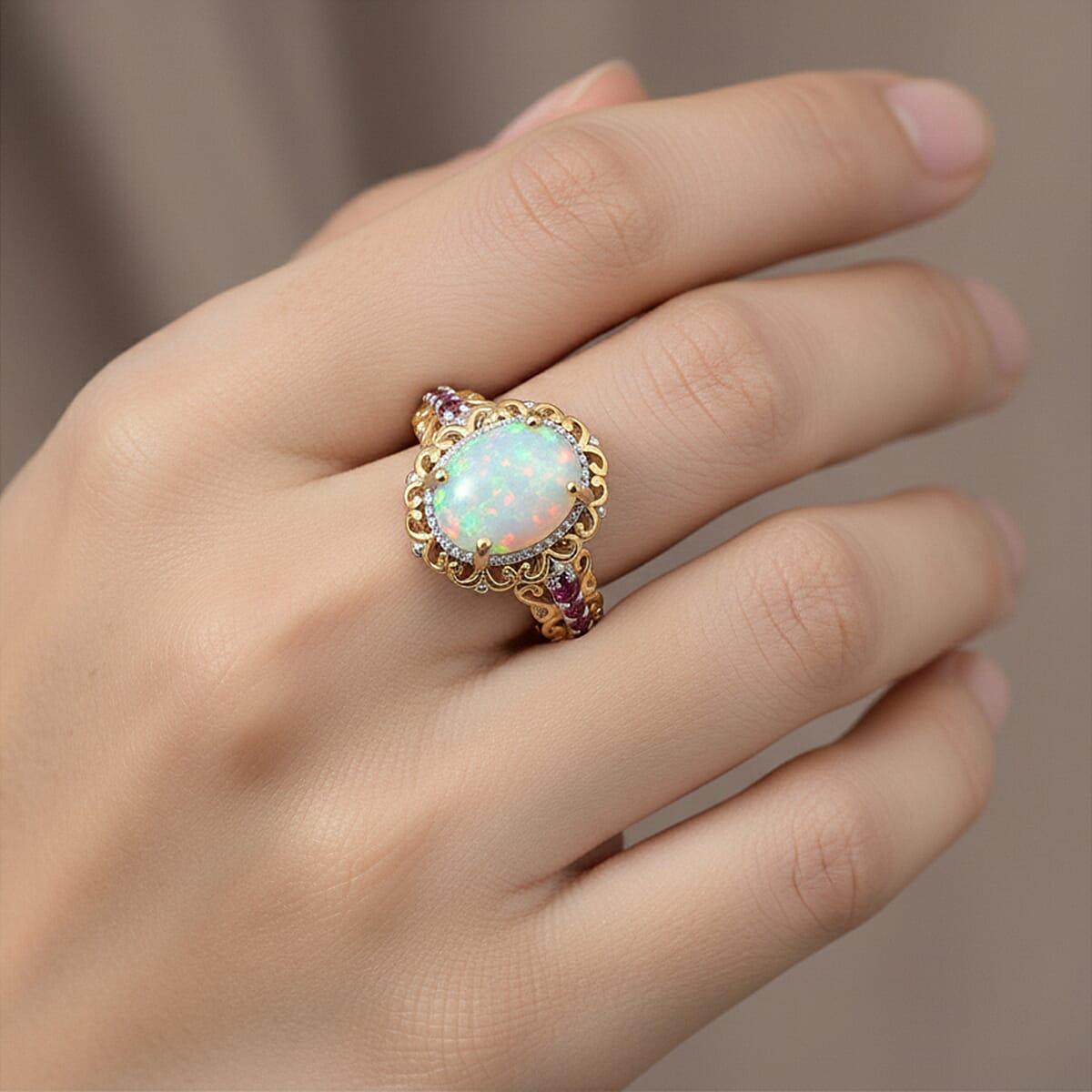 D'Joy Premium Ethiopian Welo Opal and Ouro Fino Rubellite 1.44 ctw Ring in 18K Vermeil YG and Rhodium Over Sterling Silver (Size 7.5)