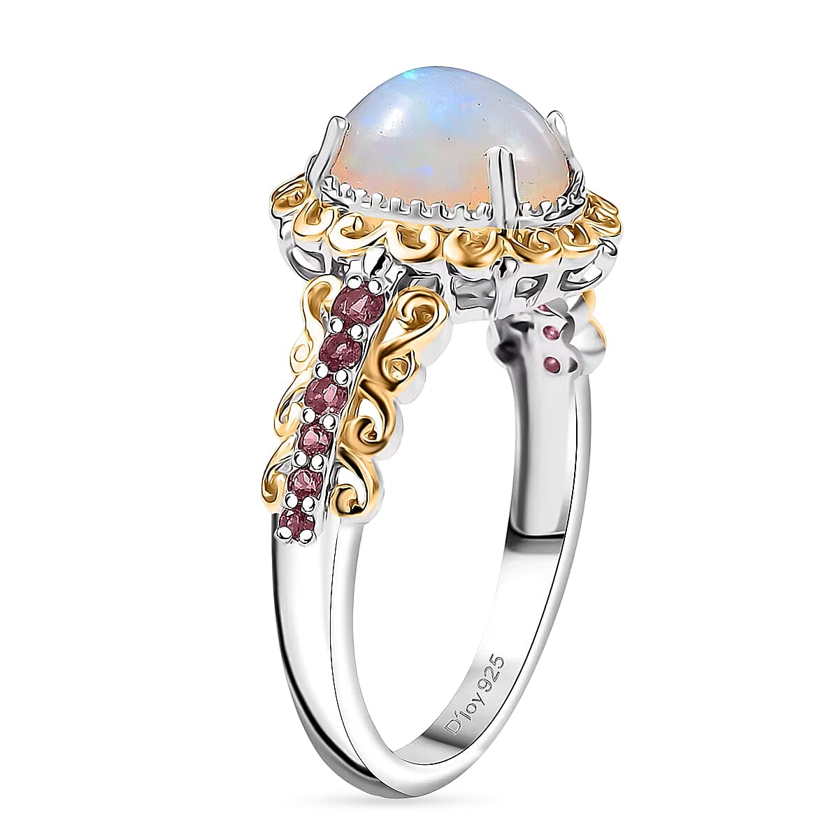 D'Joy Premium Ethiopian Welo Opal and Ouro Fino Rubellite 1.44 ctw Ring in 18K Vermeil YG and Rhodium Over Sterling Silver (Size 7.5)