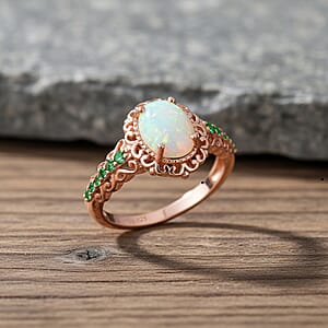 D'Joy Premium Ethiopian Welo Opal and Chrome Diopside 1.44 ctw Ring in 18K Vermeil Rose Gold Over Sterling Silver (Size 10.0)
