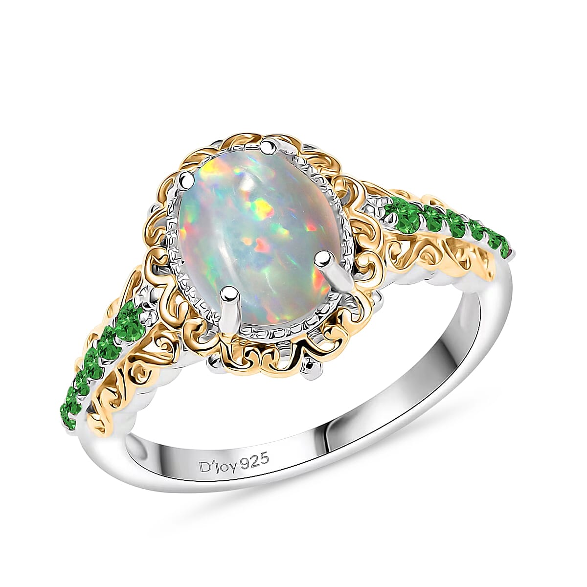 D'Joy Premium Ethiopian Welo Opal and Chrome Diopside 1.44 ctw Ring in 18K Vermeil YG and Rhodium Over Sterling Silver (Size 6.0)