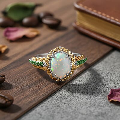 D'Joy Premium Ethiopian Welo Opal and Chrome Diopside 1.44 ctw Ring in 18K Vermeil YG and Rhodium Over Sterling Silver (Size 6.0)