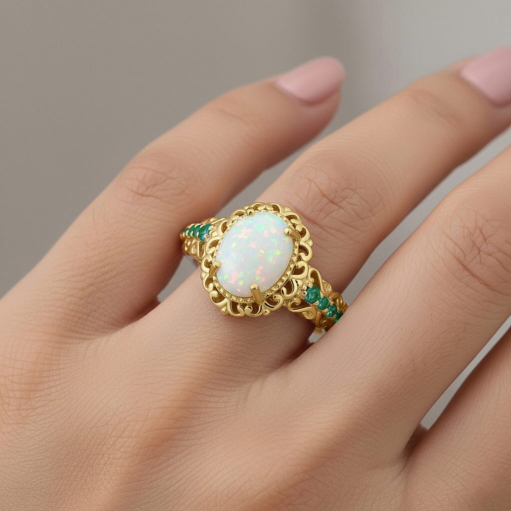 D'Joy Premium Ethiopian Welo Opal and Chrome Diopside 1.44 ctw Ring in 18K Vermeil YG and Rhodium Over Sterling Silver (Size 6.0)