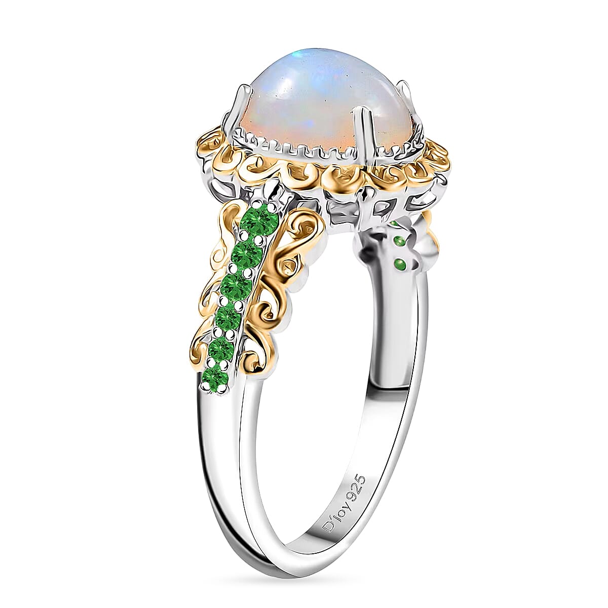 D'Joy Premium Ethiopian Welo Opal and Chrome Diopside 1.44 ctw Ring in 18K Vermeil YG and Rhodium Over Sterling Silver (Size 6.0)