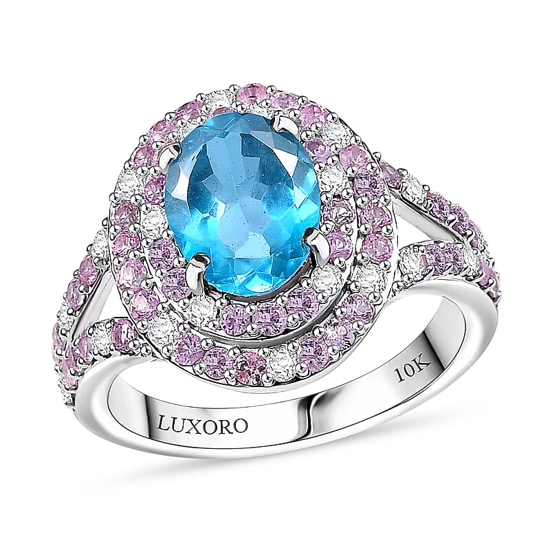 Luxoro Premium Blue Apatite, Pink Sapphire and Diamond I2 3.46 ctw Ring in 10K White Gold (Size 10) 3 5.5 Grams