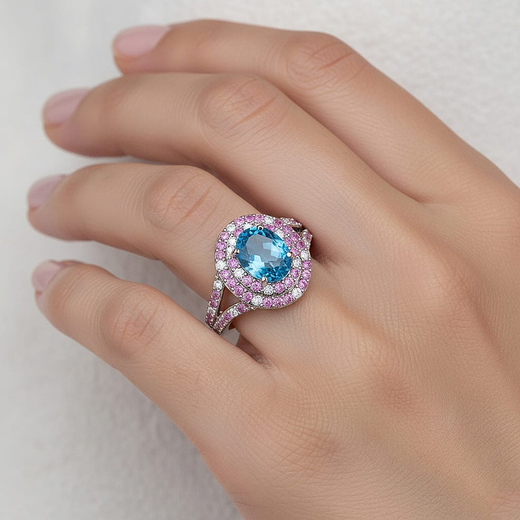 Luxoro Premium Blue Apatite, Pink Sapphire and Diamond I2 3.46 ctw Ring in 10K White Gold (Size 10.5) 5.5 Grams