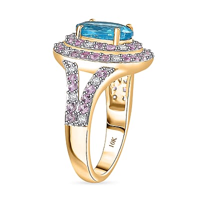 Luxoro Premium Blue Apatite, Pink Sapphire and I2 Diamond 3.46 ctw Ring in 10K Yellow Gold (Size 4.0) 5.5 Grams