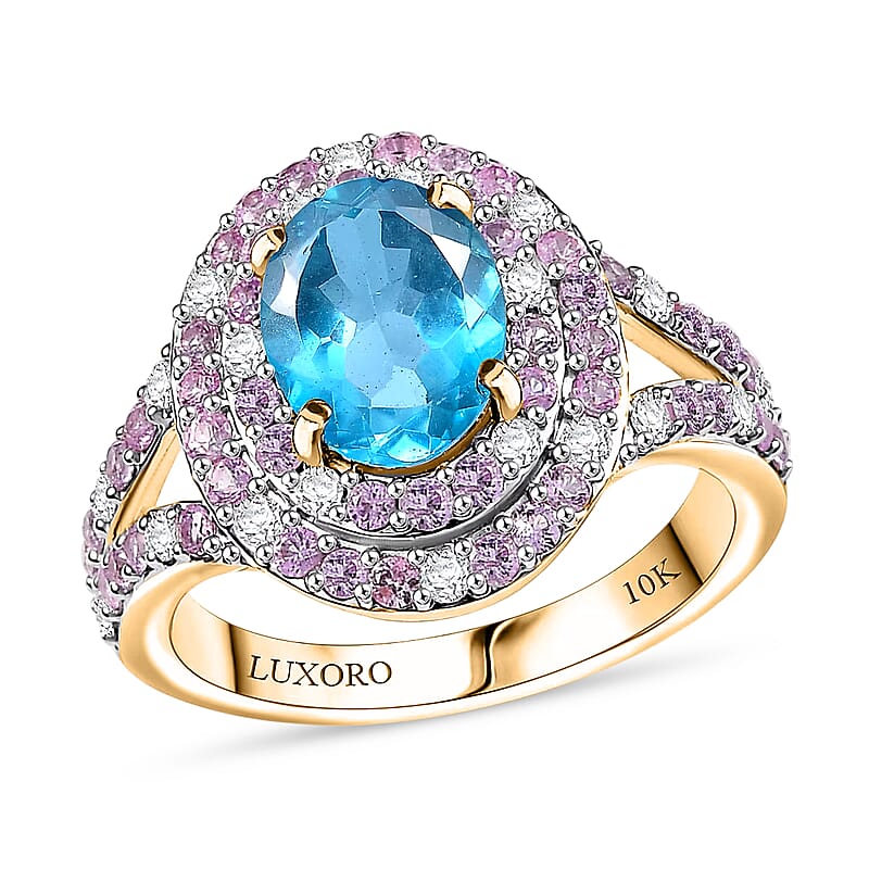 Luxoro Premium Blue Apatite, Pink Sapphire and I2 Diamond 3.46 ctw Ring in 10K Yellow Gold (Size 8.0) 5.5 Grams