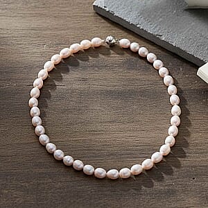 White Fresh Water Pearl Beaded Necklace in Stainless Steel 20 Inches