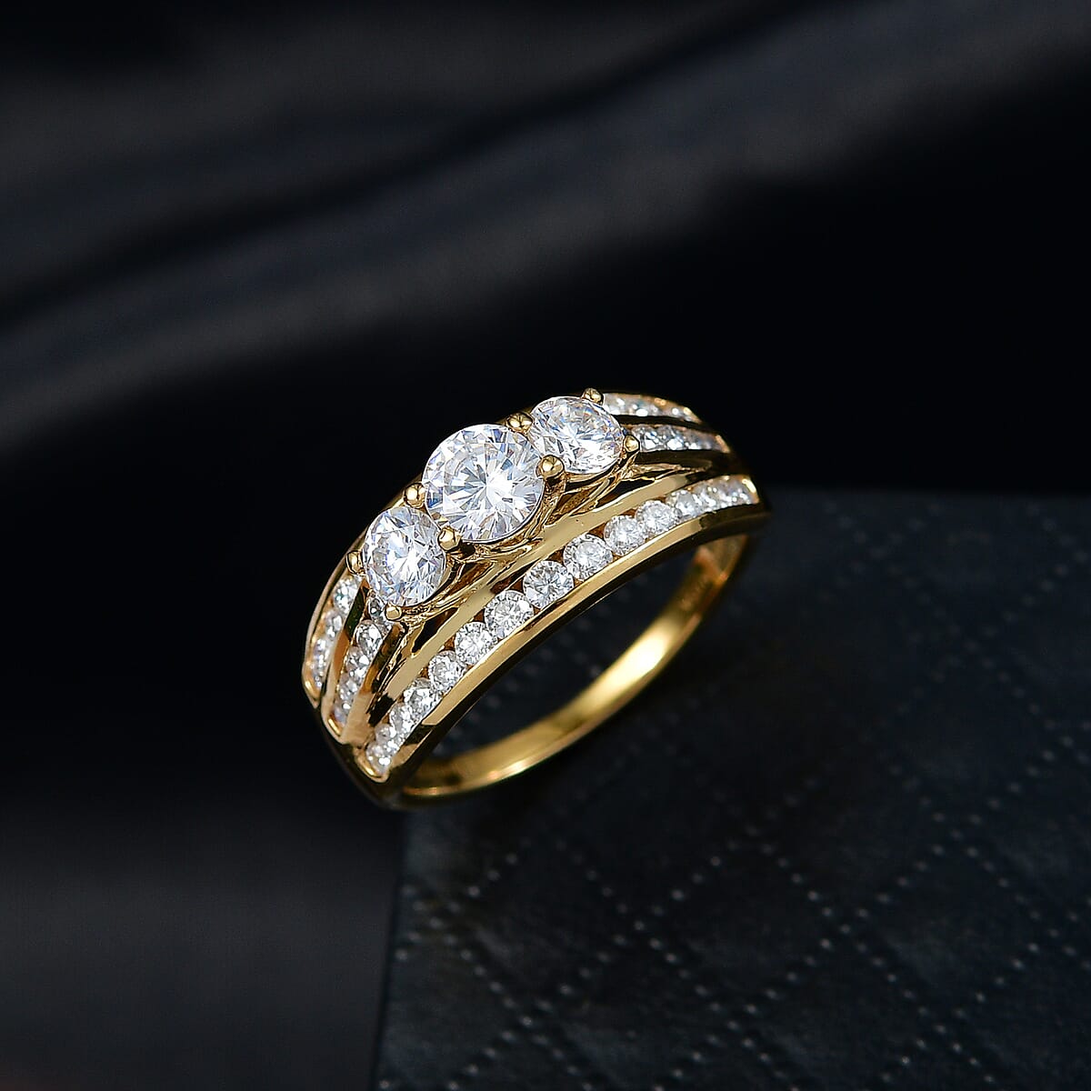 D'Joy Hearts & Arrow Cut Strontium Titanate and Moissanite 2.30 ctw Trinity Crown Ring in 18K Vermeil Yellow Gold Over Sterling Silver (Size 6.0) image number 1