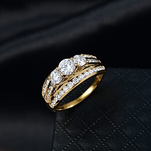 D'Joy Hearts & Arrow Cut Strontium Titanate and Moissanite 2.30 ctw Trinity Crown Ring in 18K Vermeil Yellow Gold Over Sterling Silver (Size 6.0)