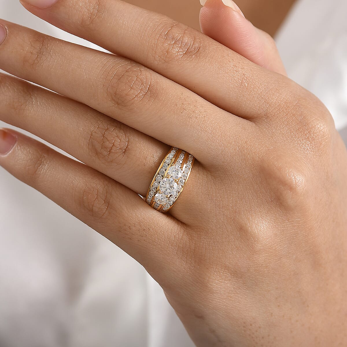 D'Joy Hearts & Arrow Cut Strontium Titanate and Moissanite 2.30 ctw Trinity Crown Ring in 18K Vermeil Yellow Gold Over Sterling Silver (Size 6.0) image number 2