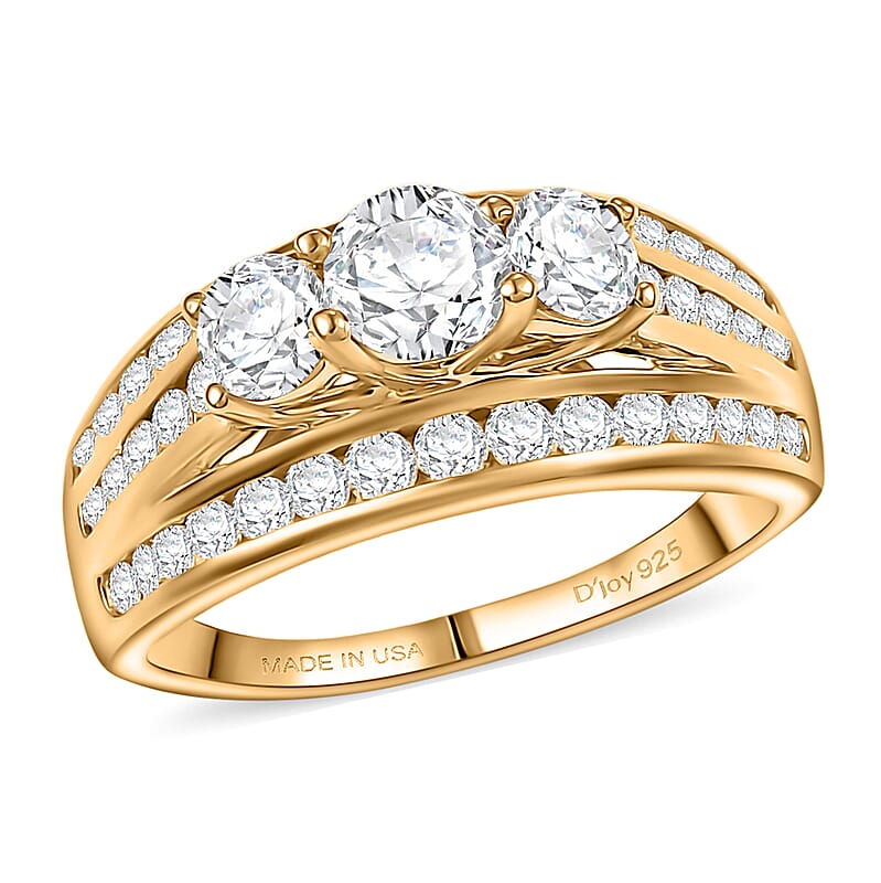 D'Joy Hearts & Arrow Cut Strontium Titanate and Moissanite 2.30 ctw Trinity Crown Ring in 18K Vermeil Yellow Gold Over Sterling Silver (Size 7.0)