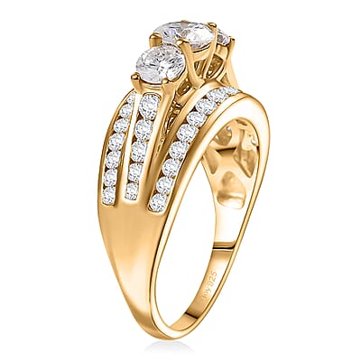 D'Joy Hearts & Arrow Cut Strontium Titanate and Moissanite 2.30 ctw Trinity Crown Ring in 18K Vermeil Yellow Gold Over Sterling Silver (Size 7.0)