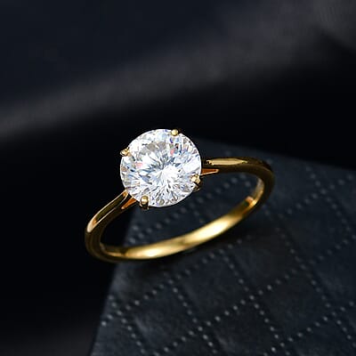 D'Joy 129 Facet Strontium Titanate 3.00 ctw Classic Solitaire Ring in 18K Vermeil Yellow Gold Over Sterling Silver (Size 7.0)