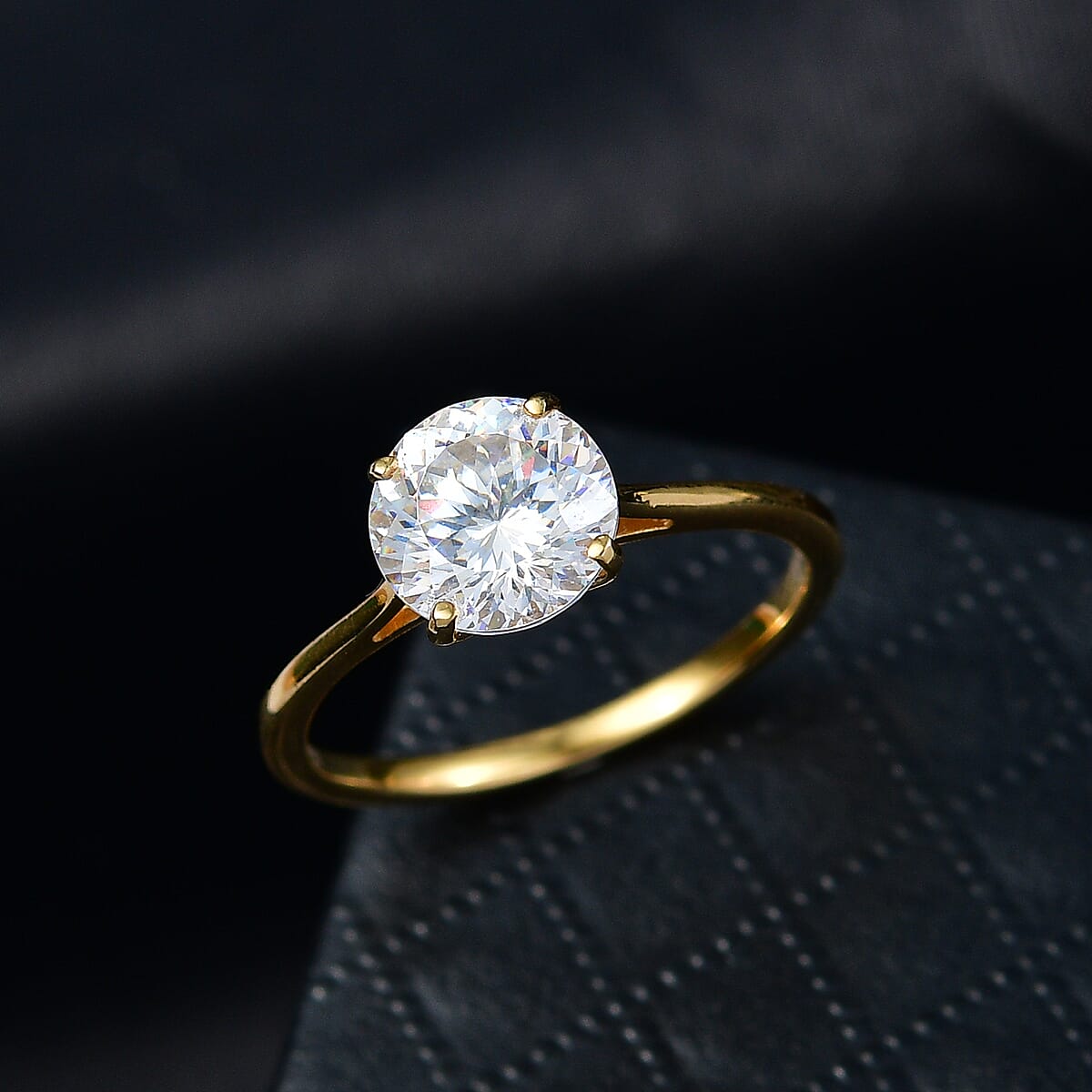 D'Joy 129 Facet Strontium Titanate 3.00 ctw Classic Solitaire Ring in 18K Vermeil Yellow Gold Over Sterling Silver (Size 8.0) image number 1