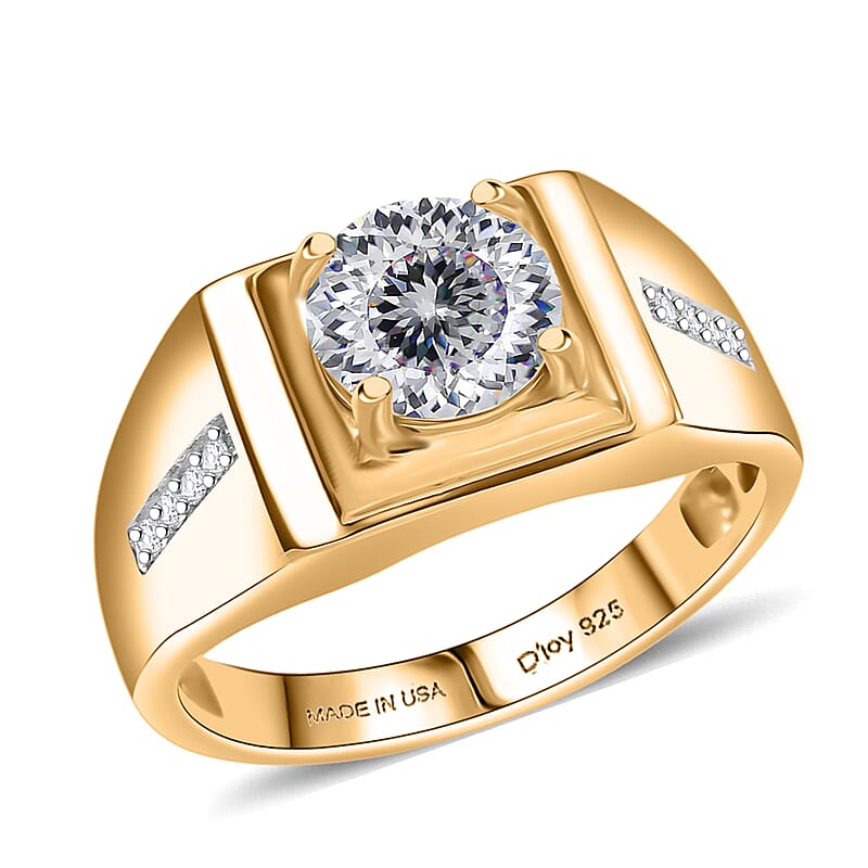 D'Joy 129 Facet Strontium Titanate and Moissanite 3.10 ctw Men's Ring in 18K Vermeil Yellow Gold Over Sterling Silver (Size 10.0)