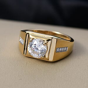 D'Joy 129 Facet Strontium Titanate and Moissanite 3.10 ctw Men's Ring in 18K Vermeil Yellow Gold Over Sterling Silver (Size 10.0)