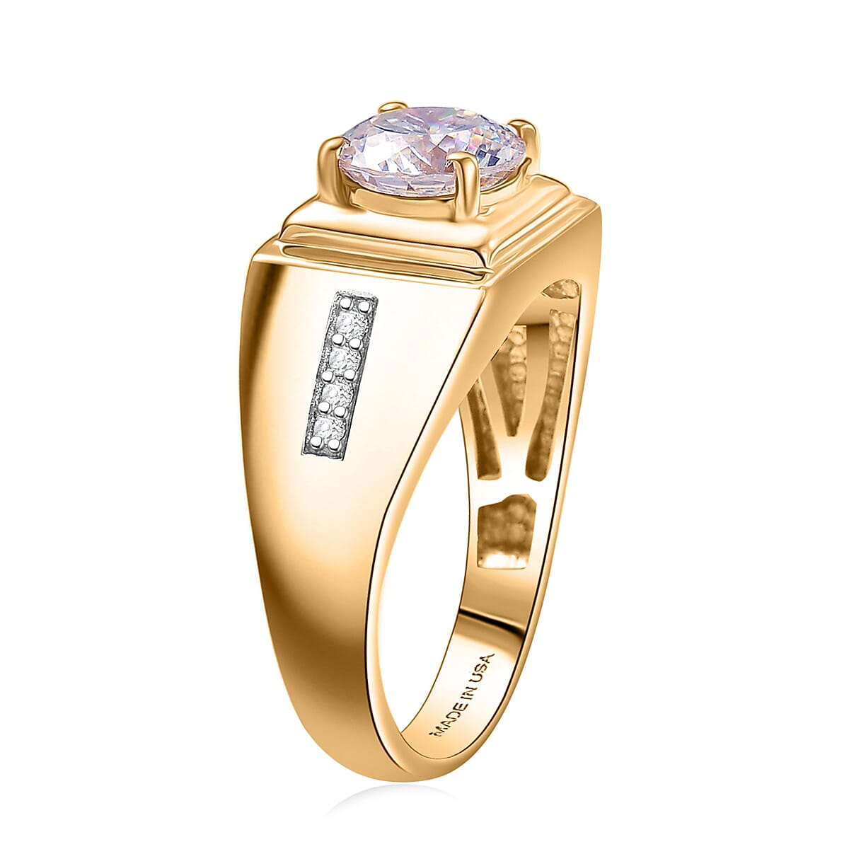 D'Joy 129 Facet Strontium Titanate and Moissanite 3.10 ctw Men's Ring in 18K Vermeil Yellow Gold Over Sterling Silver (Size 10.0) image number 3