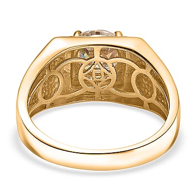 D'Joy 129 Facet Strontium Titanate and Moissanite 3.10 ctw Men's Ring in 18K Vermeil Yellow Gold Over Sterling Silver (Size 10.0)