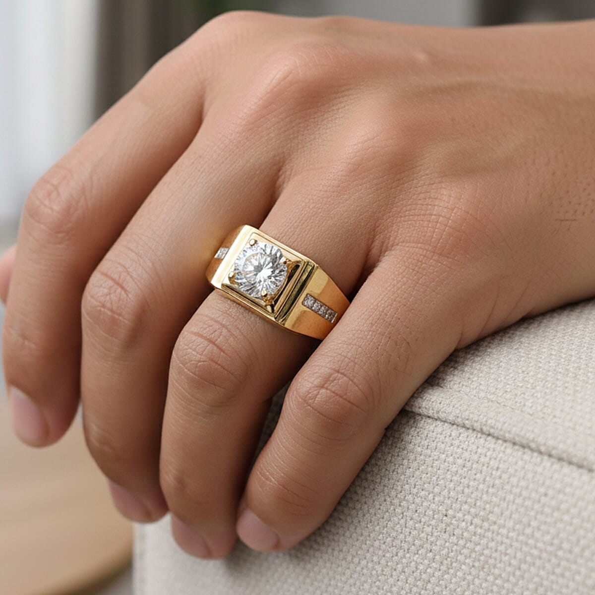 D'Joy 129 Facet Strontium Titanate and Moissanite 3.10 ctw Men's Ring in 18K Vermeil Yellow Gold Over Sterling Silver (Size 12.0) image number 2
