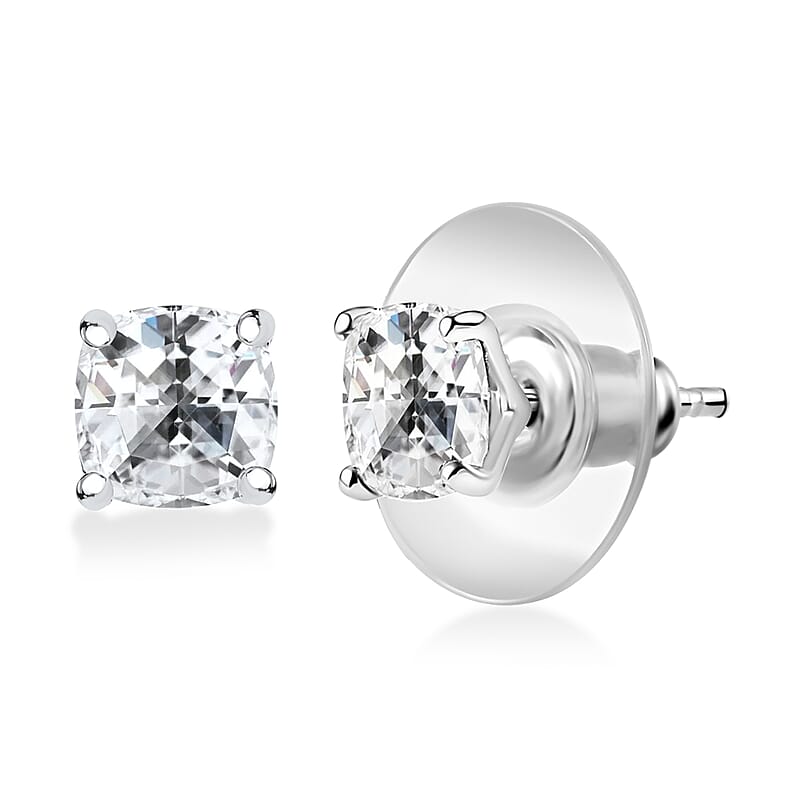 D'Joy Strontium Titanate 3.00 ctw Solitaire Stud Earrings in Rhodium Over Sterling Silver