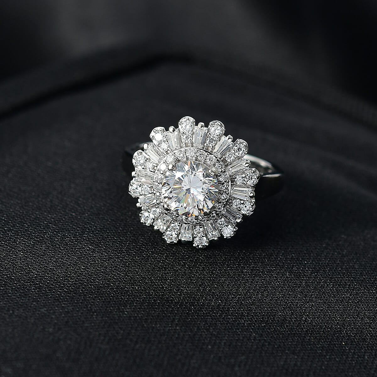 D'Joy Hearts & Arrow Cut Strontium Titanate and Moissanite 2.90 ctw Radiant Sunburst Ring in Rhodium Over Sterling Silver (Size 10.0) image number 1