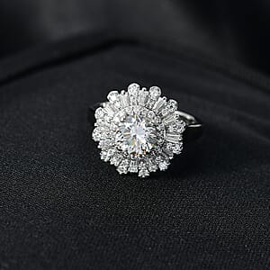 D'Joy Hearts & Arrow Cut Strontium Titanate and Moissanite 2.90 ctw Radiant Sunburst Ring in Rhodium Over Sterling Silver (Size 10.0)