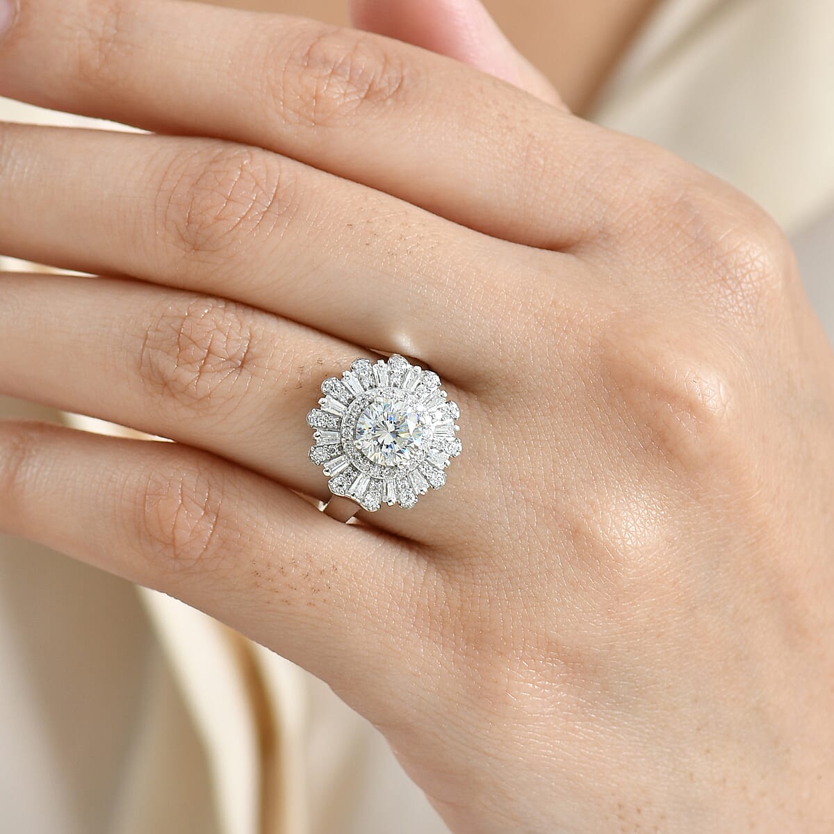 D'Joy Hearts & Arrow Cut Strontium Titanate and Moissanite 2.90 ctw Radiant Sunburst Ring in Rhodium Over Sterling Silver (Size 10.0) image number 2