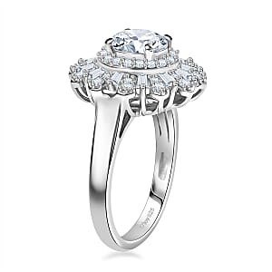 D'Joy Hearts & Arrow Cut Strontium Titanate and Moissanite 2.90 ctw Radiant Sunburst Ring in Rhodium Over Sterling Silver (Size 10.0)