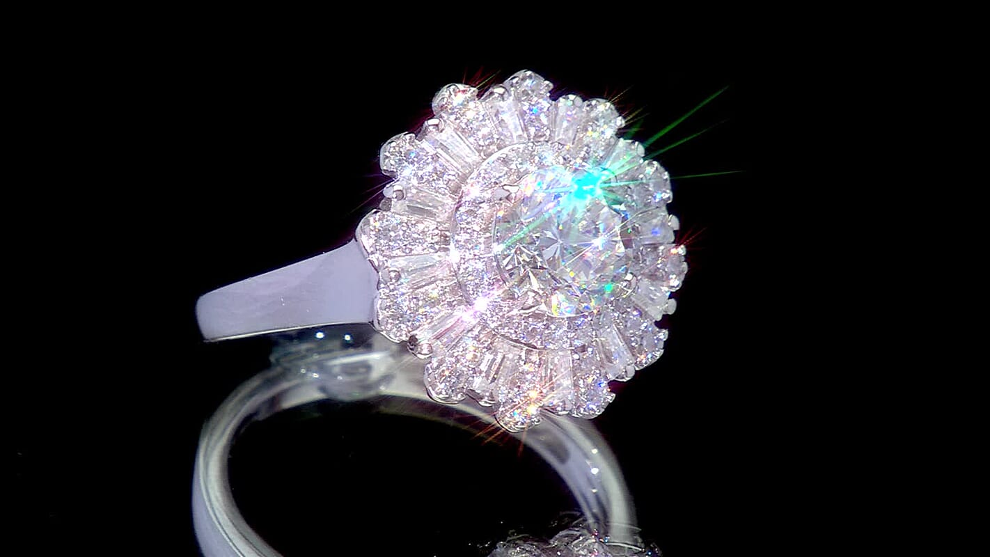 D'Joy Strontium Titanate, Moissanite Ring in Rhodium Over Sterling Silver (Size 10.0) 2.90 ctw