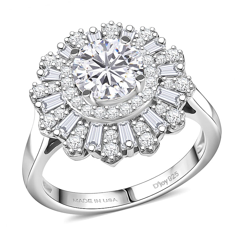 D'Joy Hearts & Arrow Cut Strontium Titanate and Moissanite 2.90 ctw Radiant Sunburst Ring in Rhodium Over Sterling Silver (Size 7.0)